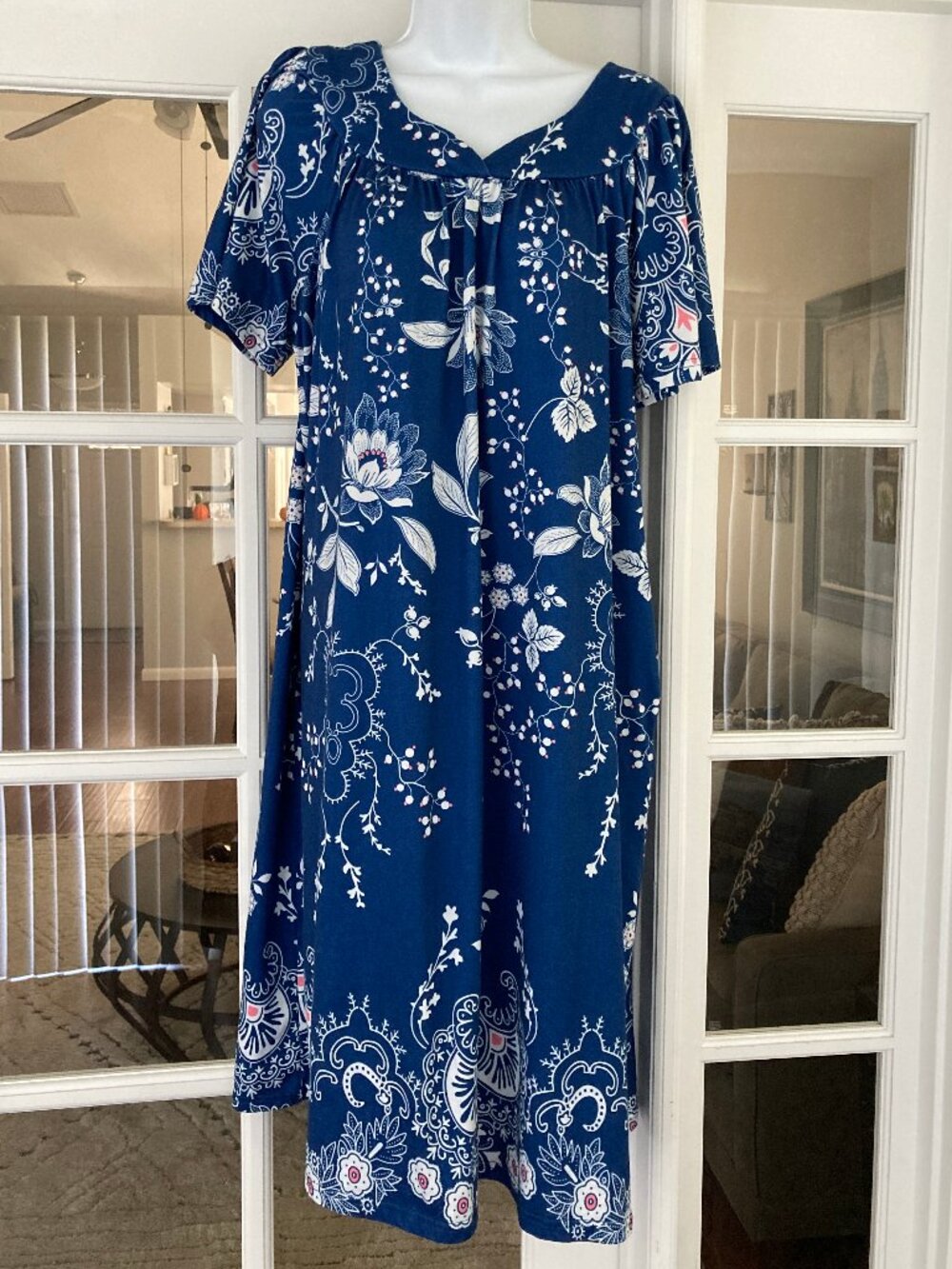 Ekouaer Floral Navy White Pink Super Soft Long Nightgown Large